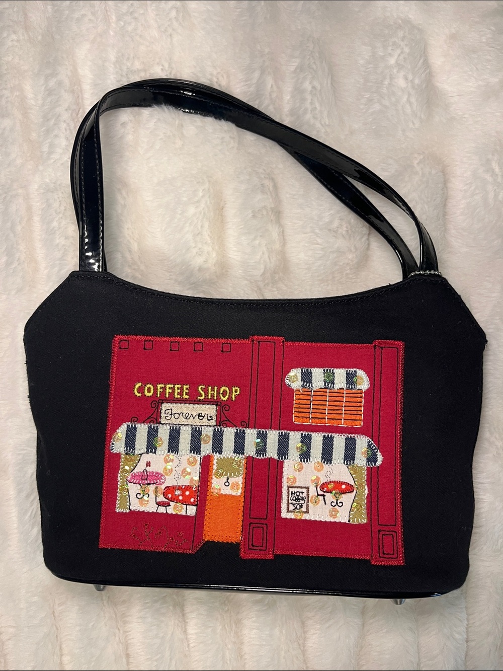Black Shoulder Bag with Red Coffee Shop Applique